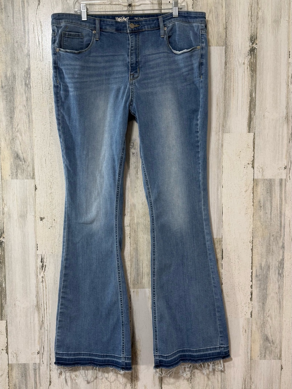 Mossimo Supply Co. High Rise Blue Flare Jeans LONG Length with Frayed Hem
